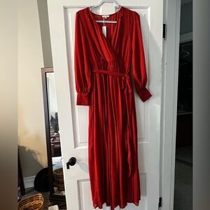 Baltic Born Terracotta V-Neck Bishop Sleeve Cocktail Gown